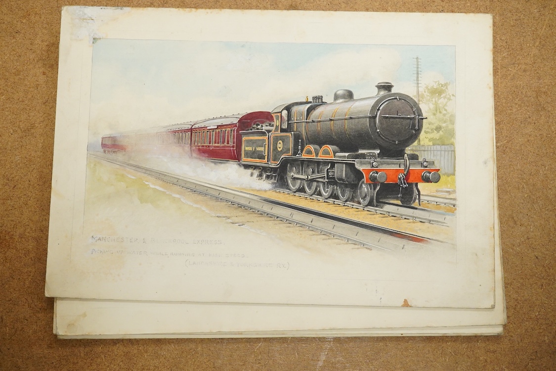 Charles Thomas Howard (1865-1942), a set of six original watercolours for postcard designs, Steam Trains to include ‘A Royal Train, Eastern and Chatham Railway’, ‘Cornish Express, GWR’ and ‘Aberdeen and Glasgow Express,